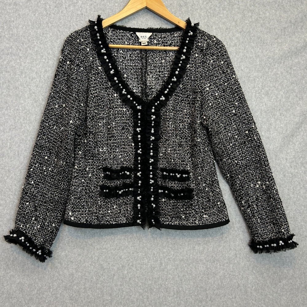 ECI Tweed Career Jacket Black White Pearl Embellished Ruffle Trim Women Medium